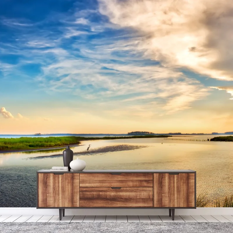 Fototapeta czapla nad zatoką Chesapeake o zachodzie słońca – Wallissimo® Fototapeta czapla nad zatoką Chesapeake o zachodzie słońca – Wallissimo®