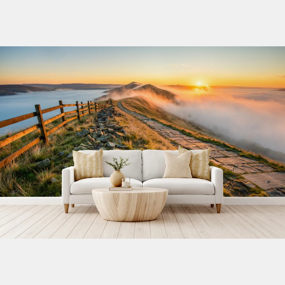 Fototapeta wschód słońca nad mglistym grzbietem z kamienną ścieżką – Wallissimo® Fototapeta wschód słońca nad mglistym grzbietem z kamienną ścieżką – Wallissimo®