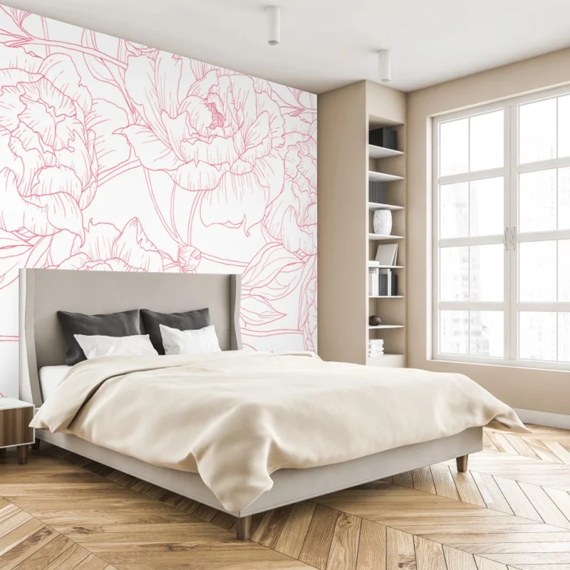 Fototapeta delikatny różowy wzór piwonii w stylu line art – Wallissimo®