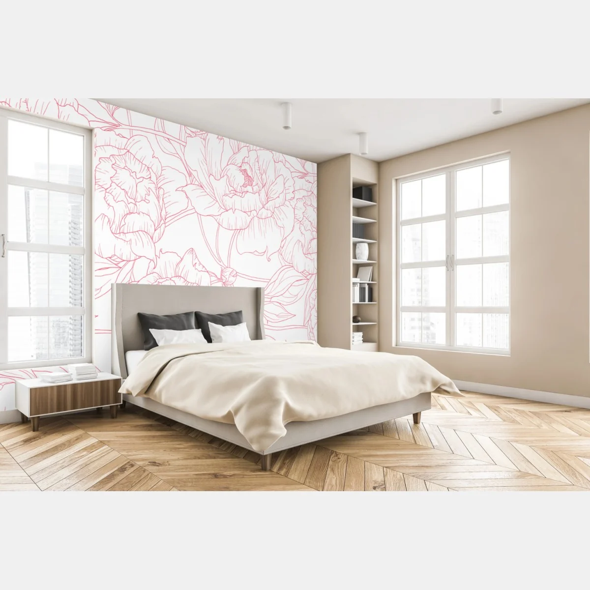 Fototapeta delikatny różowy wzór piwonii w stylu line art – Wallissimo®