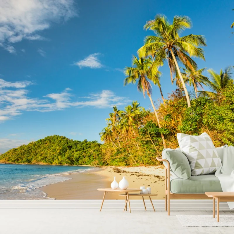 Fototapeta złota tropikalna plaża o zachodzie słońca – Wallissimo® Fototapeta złota tropikalna plaża o zachodzie słońca – Wallissimo®