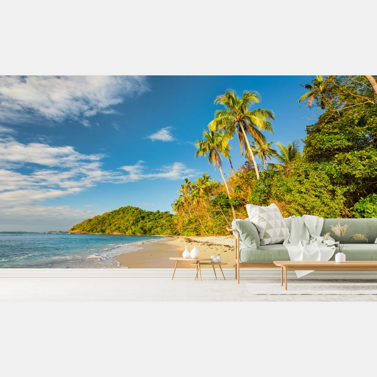 Fototapeta złota tropikalna plaża o zachodzie słońca – Wallissimo® Fototapeta złota tropikalna plaża o zachodzie słońca – Wallissimo®