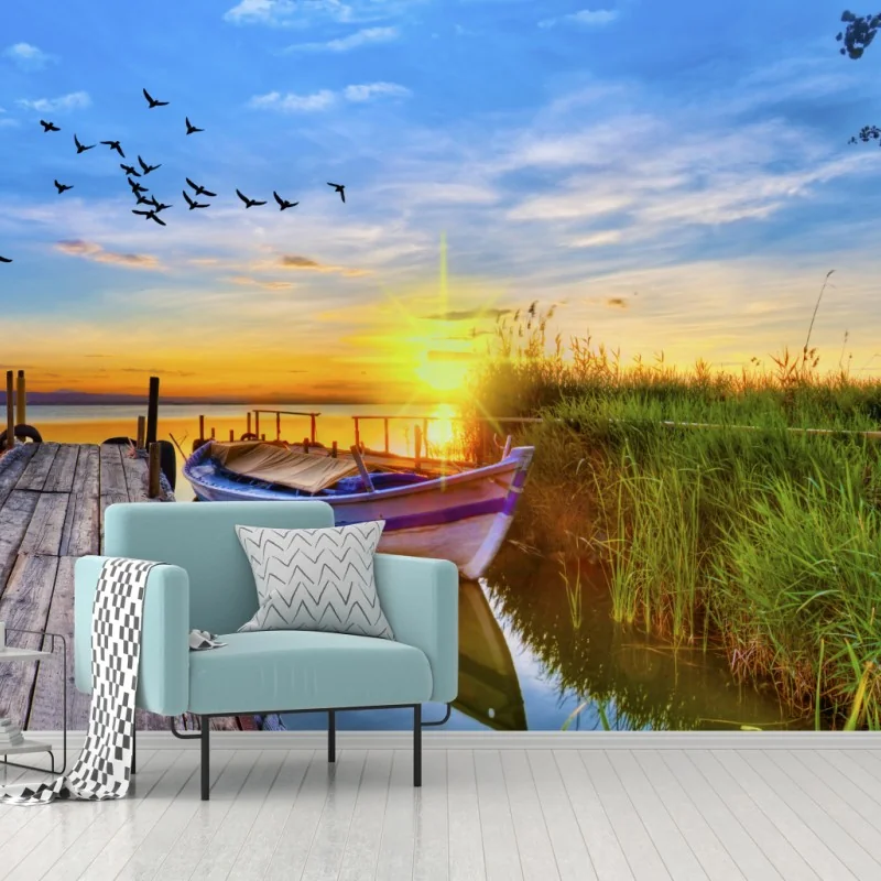 Fototapeta zachód słońca nad jeziorem z łodzią przy pomoście – Wallissimo®