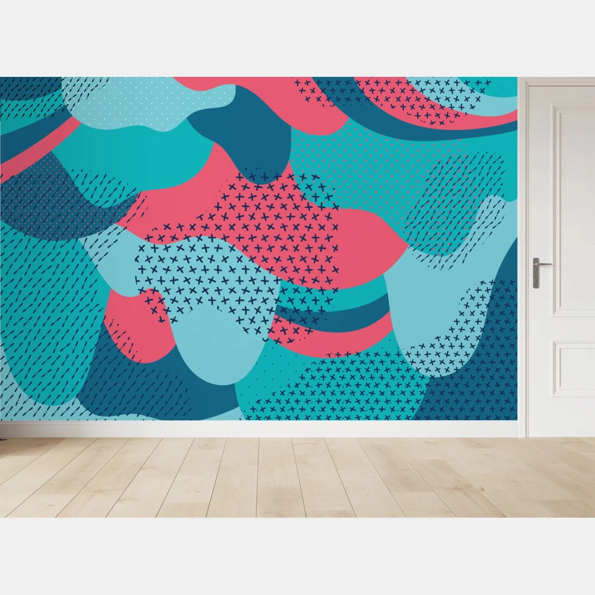 Fototapeta abstrakcyjny falisty wzór w turkusie i koralu – Wallissimo® Fototapeta abstrakcyjny falisty wzór w turkusie i koralu – Wallissimo®