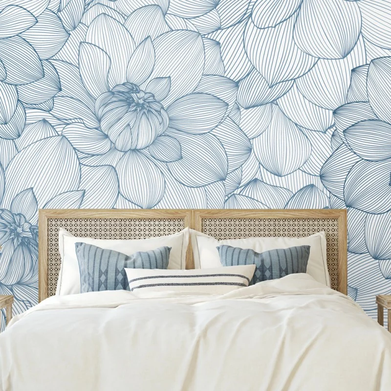 Fototapeta delikatny, liniowy wzór kwiatowy w odcieniach niebieskiego – Wallissimo® Fototapeta delikatny, liniowy wzór kwiatowy w odcieniach niebieskiego – Wallissimo®