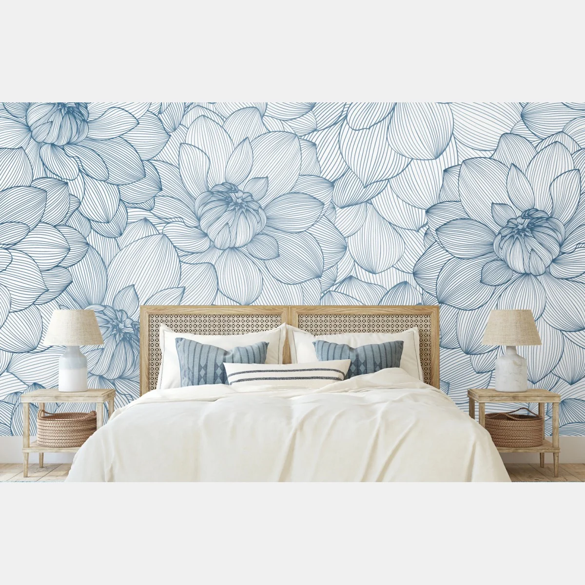 Fototapeta delikatny, liniowy wzór kwiatowy w odcieniach niebieskiego – Wallissimo® Fototapeta delikatny, liniowy wzór kwiatowy w odcieniach niebieskiego – Wallissimo®