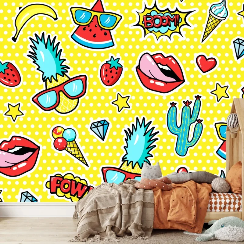 Fototapeta jaskrawy wzór naklejek w stylu pop-art – Wallissimo® Fototapeta jaskrawy wzór naklejek w stylu pop-art – Wallissimo®