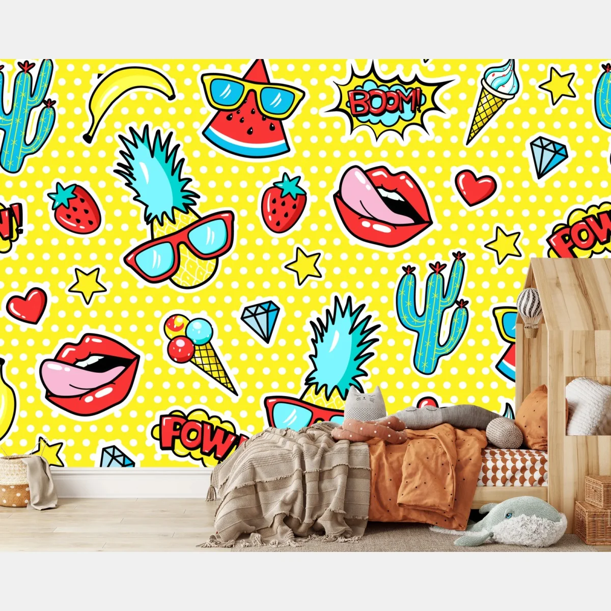 Fototapeta jaskrawy wzór naklejek w stylu pop-art – Wallissimo® Fototapeta jaskrawy wzór naklejek w stylu pop-art – Wallissimo®