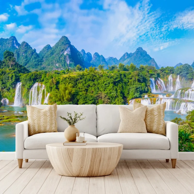 Fototapeta bujna panorama wodospadu z wapiennymi górami – Wallissimo® Fototapeta bujna panorama wodospadu z wapiennymi górami – Wallissimo®