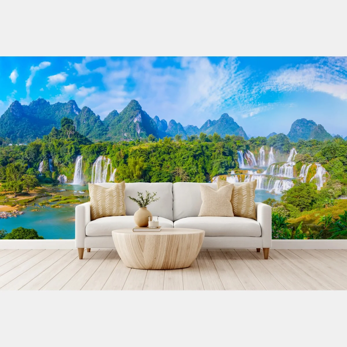 Fototapeta bujna panorama wodospadu z wapiennymi górami – Wallissimo® Fototapeta bujna panorama wodospadu z wapiennymi górami – Wallissimo®