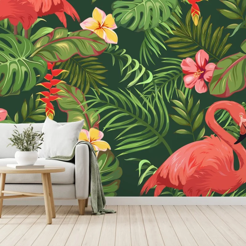 Fototapeta tropikalne flamingi w bujnej roślinności – Wallissimo® Fototapeta tropikalne flamingi w bujnej roślinności – Wallissimo®