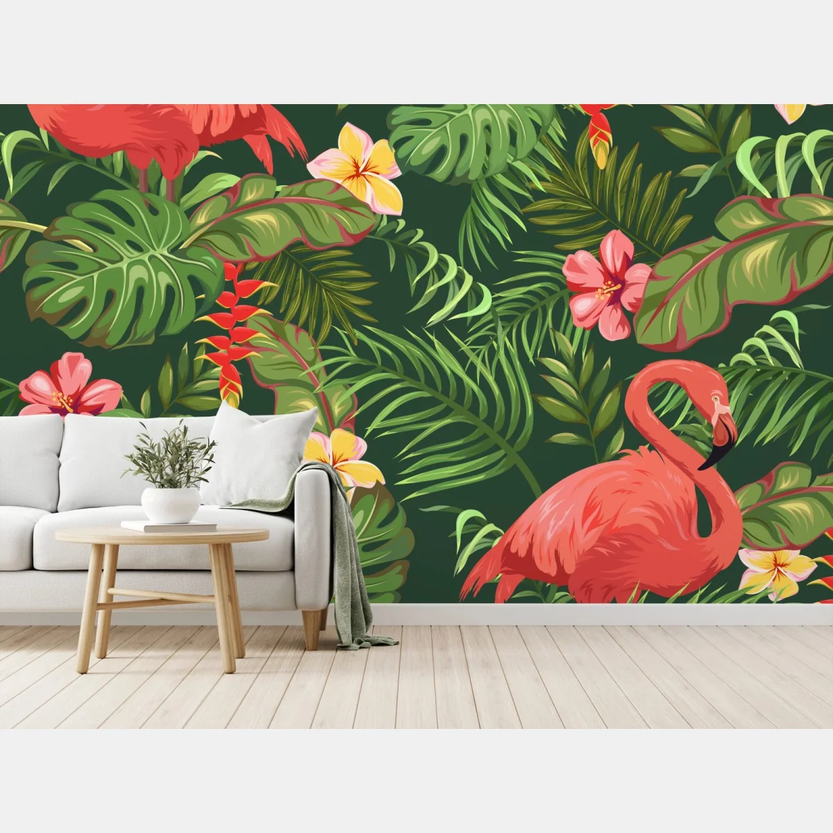 Fototapeta tropikalne flamingi w bujnej roślinności – Wallissimo® Fototapeta tropikalne flamingi w bujnej roślinności – Wallissimo®