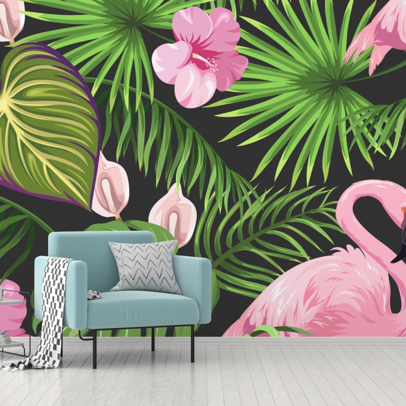 Fototapeta różowy wzór z flamingami i tropikalnymi liśćmi – Wallissimo® Fototapeta różowy wzór z flamingami i tropikalnymi liśćmi – Wallissimo®