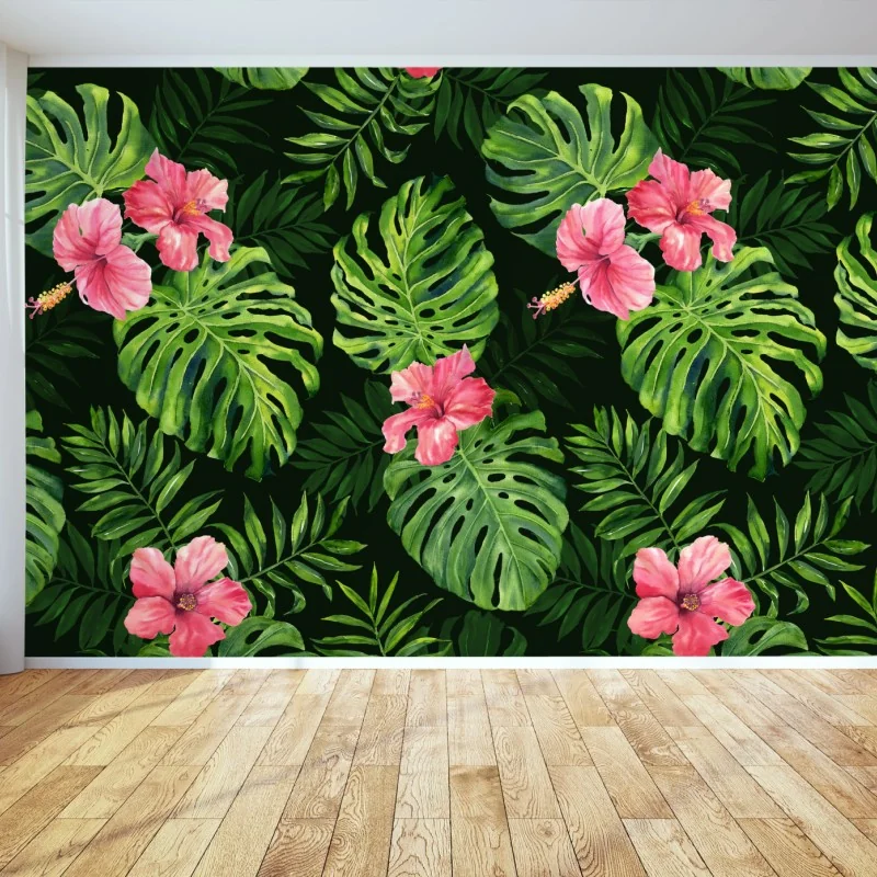 Fototapeta tropikalny wzór z monsterą i hibiskusem – Wallissimo® Fototapeta tropikalny wzór z monsterą i hibiskusem – Wallissimo®