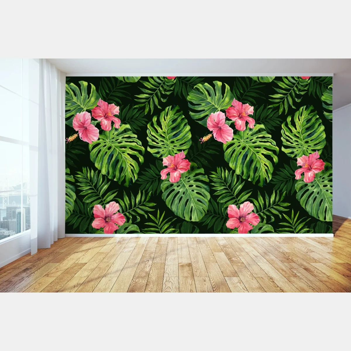 Fototapeta tropikalny wzór z monsterą i hibiskusem – Wallissimo® Fototapeta tropikalny wzór z monsterą i hibiskusem – Wallissimo®