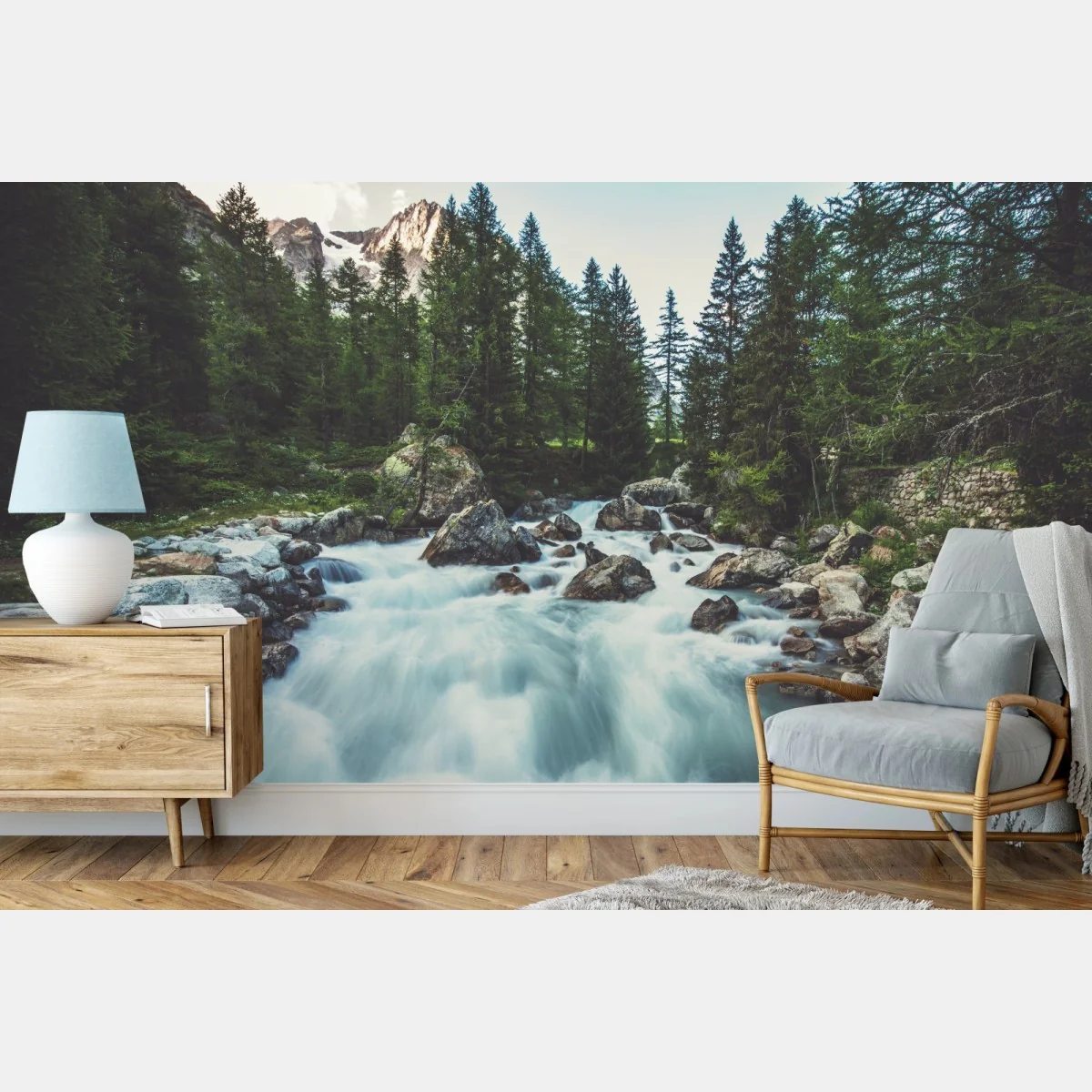 Fototapeta malownicza alpejska rzeka w Ferret Valley – Wallissimo® Fototapeta malownicza alpejska rzeka w Ferret Valley – Wallissimo®