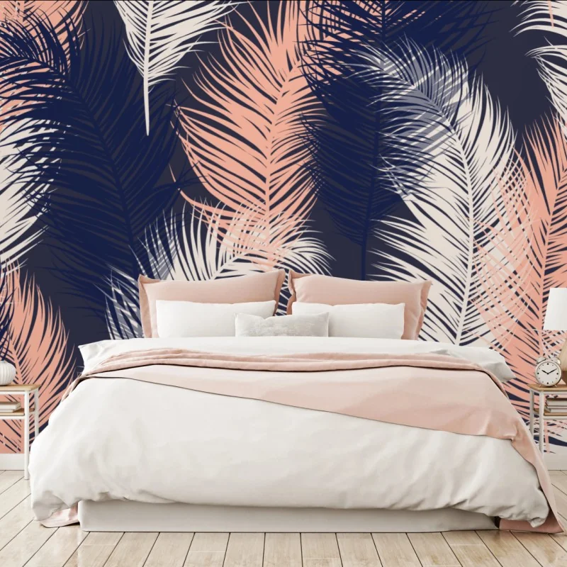 Fototapeta wzór z piórami w granacie i różu – Wallissimo® Fototapeta wzór z piórami w granacie i różu – Wallissimo®