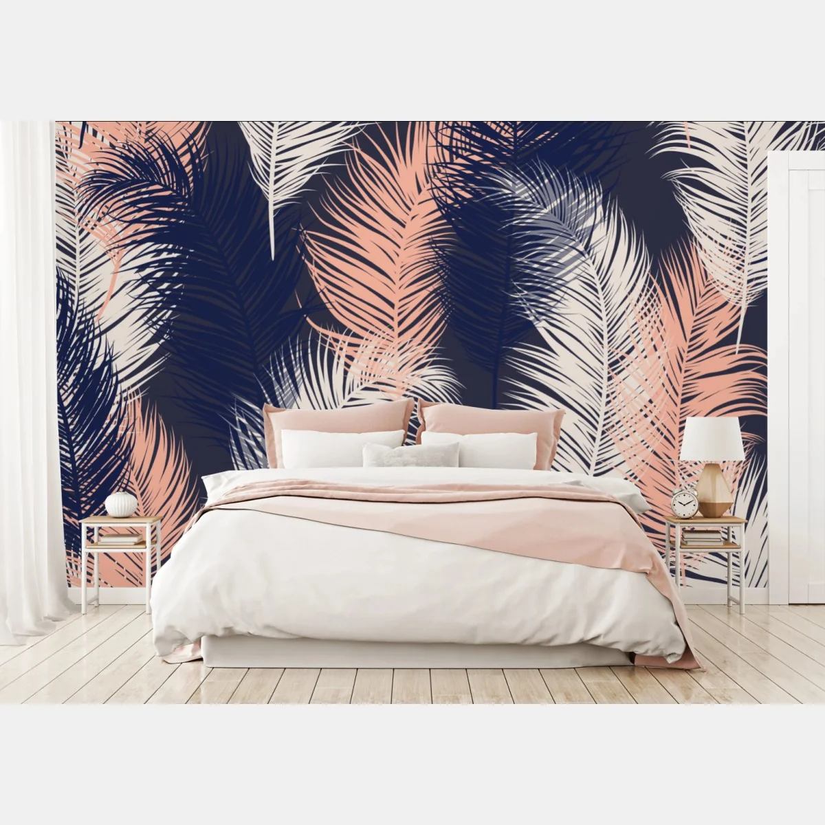 Fototapeta wzór z piórami w granacie i różu – Wallissimo® Fototapeta wzór z piórami w granacie i różu – Wallissimo®