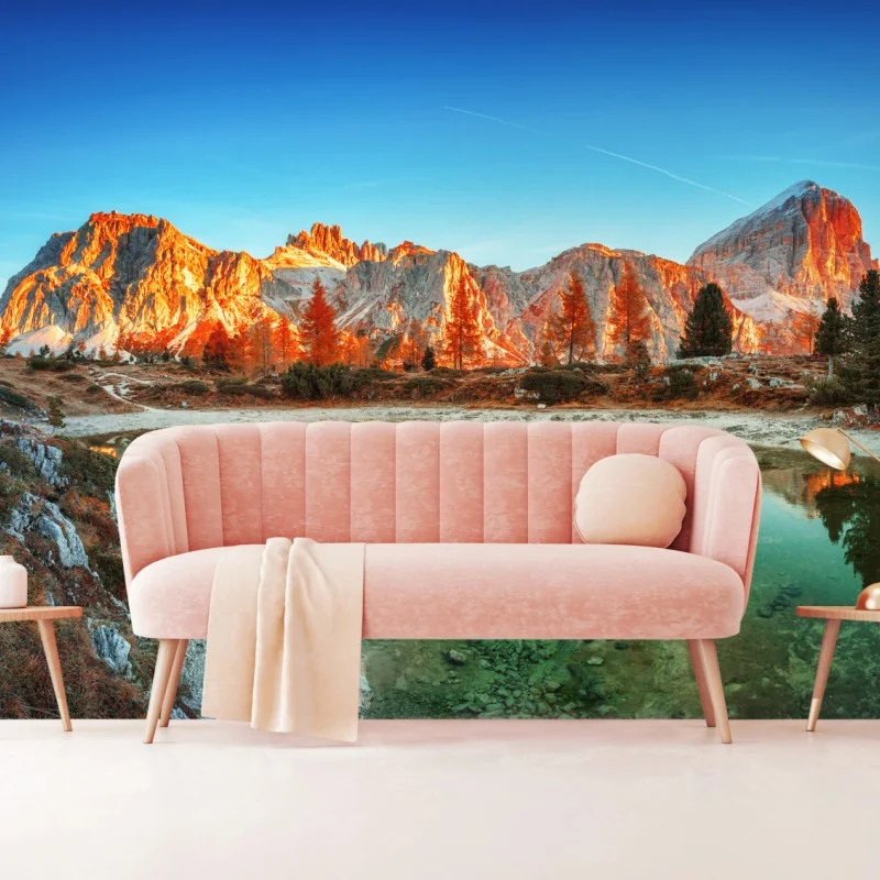 Fototapeta alpejski wschód słońca nad górskim jeziorem – Wallissimo® Fototapeta alpejski wschód słońca nad górskim jeziorem – Wallissimo®