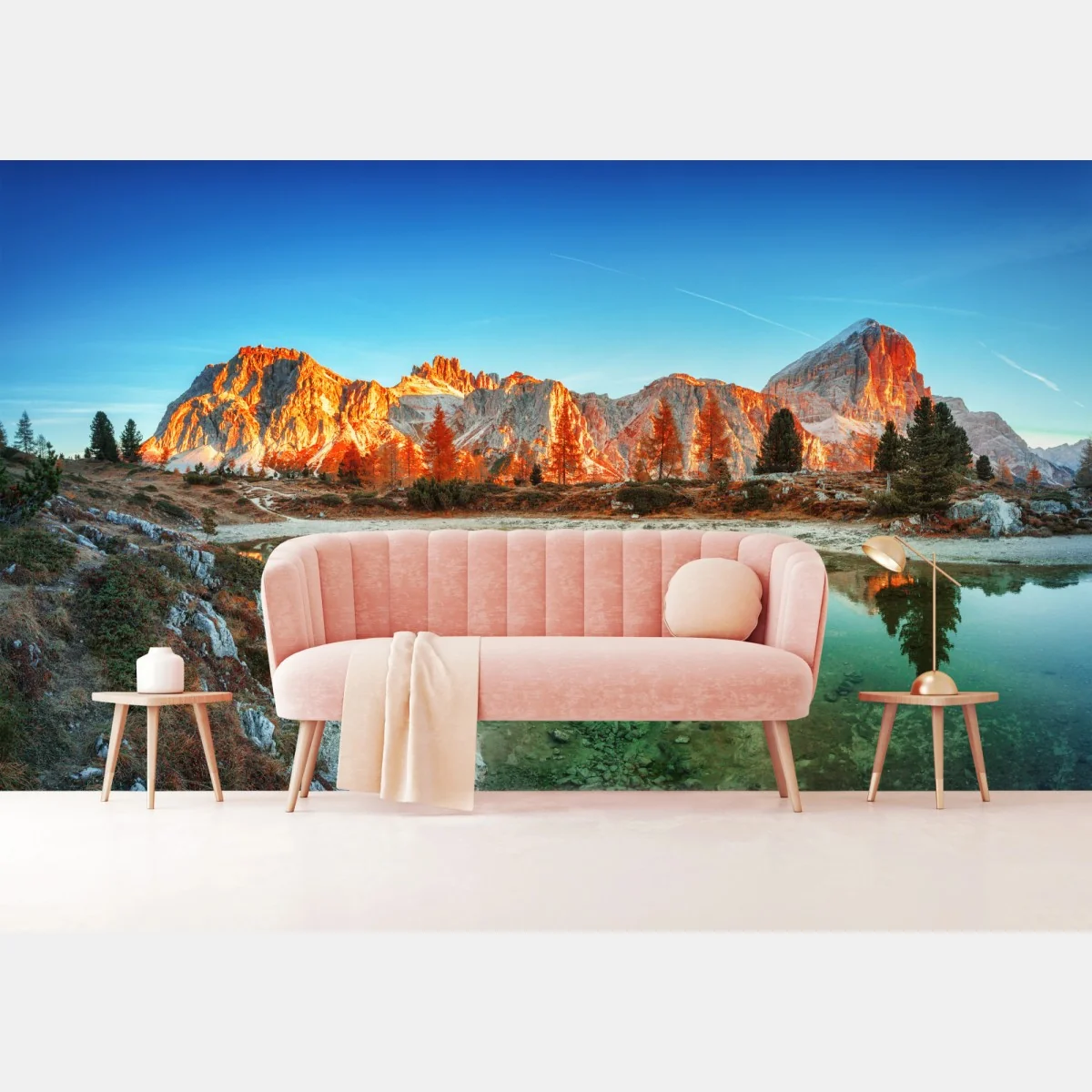Fototapeta alpejski wschód słońca nad górskim jeziorem – Wallissimo® Fototapeta alpejski wschód słońca nad górskim jeziorem – Wallissimo®