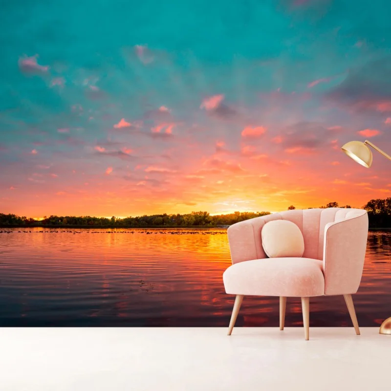 Fototapeta turkusowy zachód słońca nad spokojnym jeziorem – Wallissimo® Fototapeta turkusowy zachód słońca nad spokojnym jeziorem – Wallissimo®