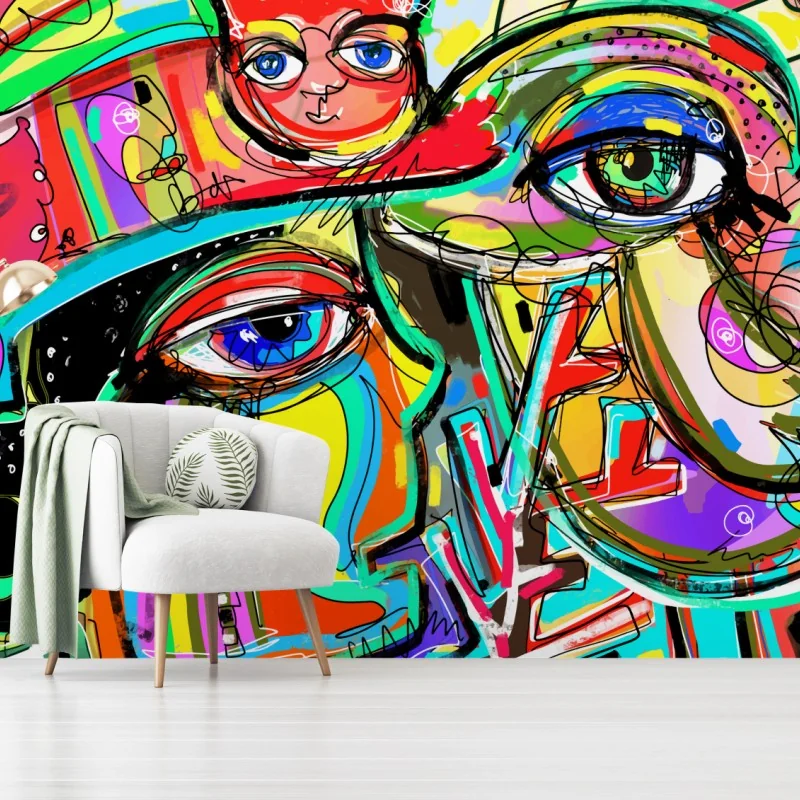 Fototapeta żywe abstrakcyjne twarze z kotem i ptakiem – Wallissimo® Fototapeta żywe abstrakcyjne twarze z kotem i ptakiem – Wallissimo®