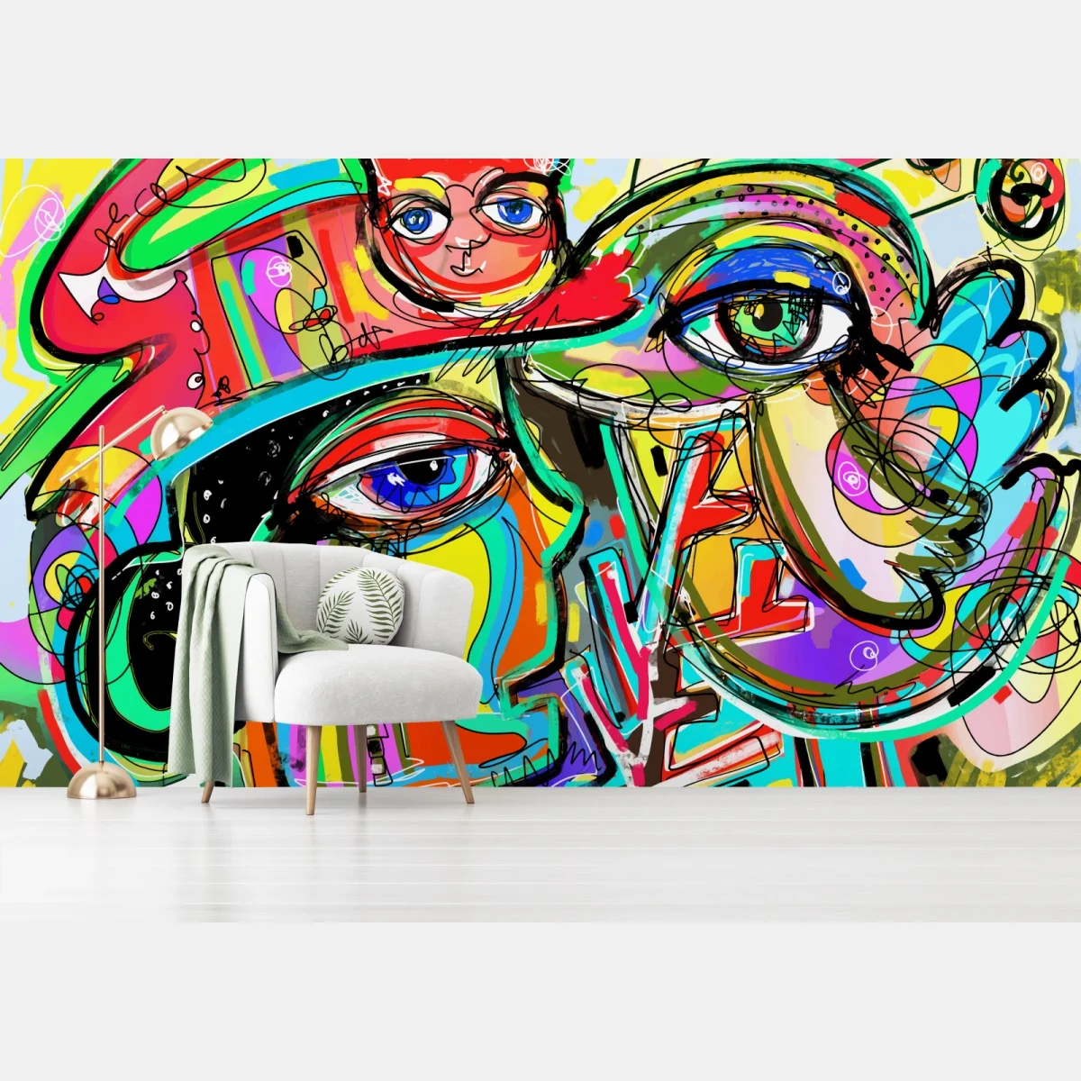 Fototapeta żywe abstrakcyjne twarze z kotem i ptakiem – Wallissimo® Fototapeta żywe abstrakcyjne twarze z kotem i ptakiem – Wallissimo®