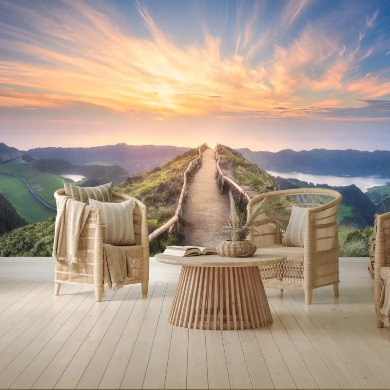 Fototapeta ścieżka na grzbiecie górskim przy zachodzie słońca nad jeziorem – Wallissimo® Fototapeta ścieżka na grzbiecie górskim przy zachodzie słońca nad jeziorem – Wallissimo®