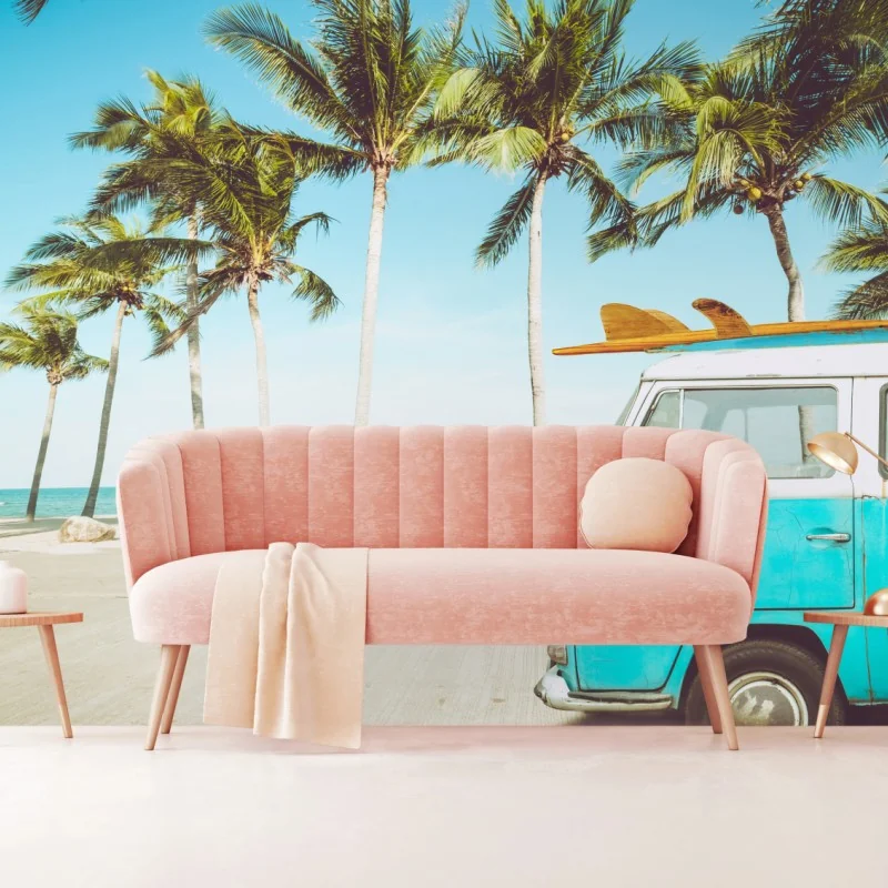 Fototapeta stary furgon z deską surfingową na tropikalnej plaży – Wallissimo® Fototapeta stary furgon z deską surfingową na tropikalnej plaży – Wallissimo®