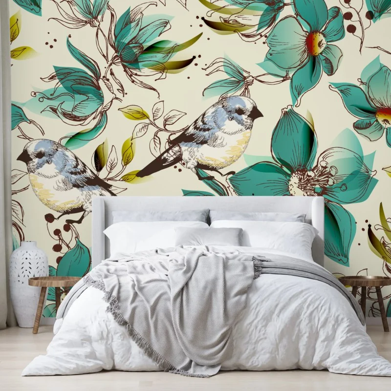 Fototapeta retro miętowy wzór kwiatów i ptaków – Wallissimo® Fototapeta retro miętowy wzór kwiatów i ptaków – Wallissimo®