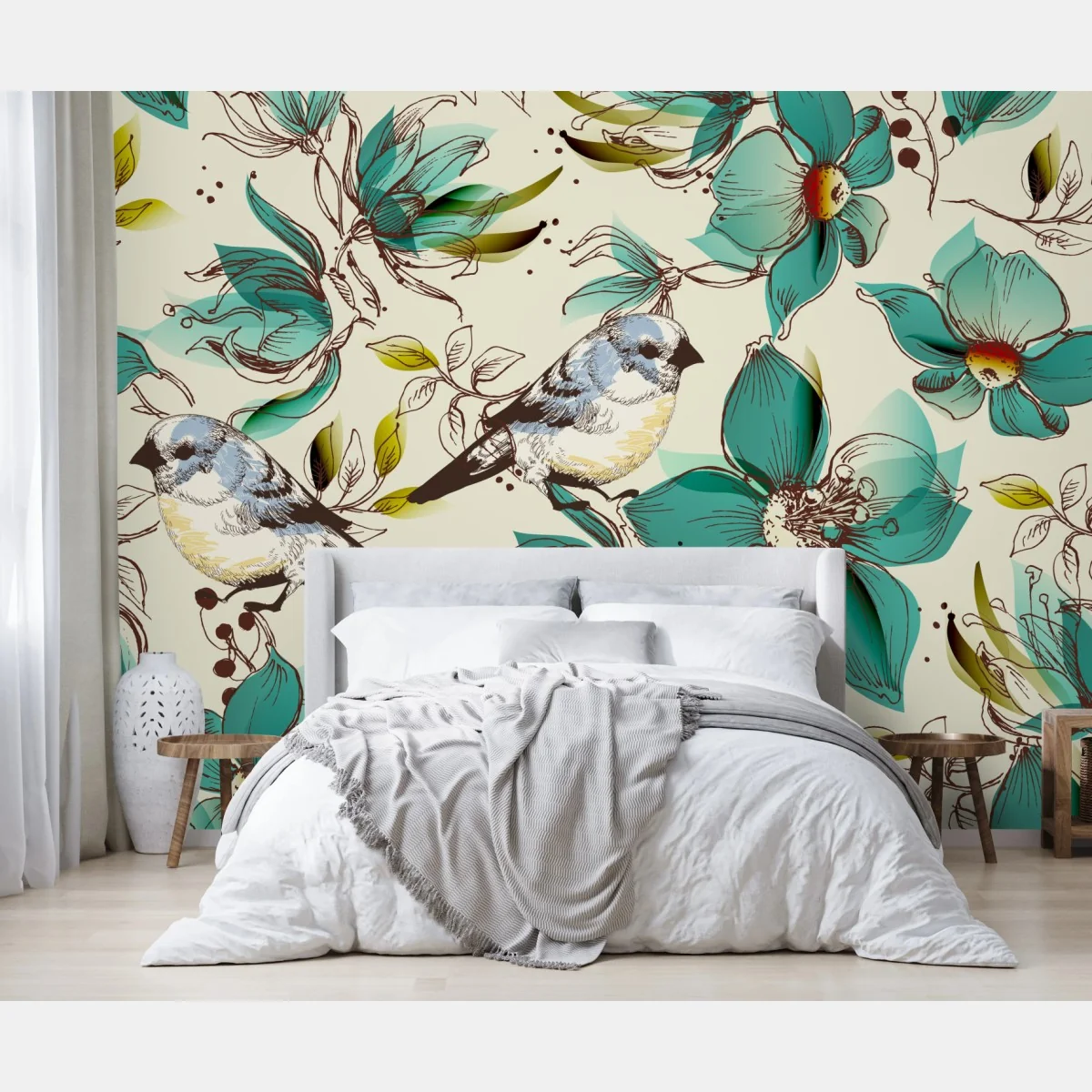 Fototapeta retro miętowy wzór kwiatów i ptaków – Wallissimo® Fototapeta retro miętowy wzór kwiatów i ptaków – Wallissimo®