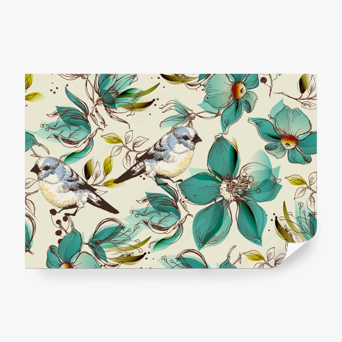 Fototapeta retro miętowy wzór kwiatów i ptaków – Wallissimo® Fototapeta retro miętowy wzór kwiatów i ptaków – Wallissimo®