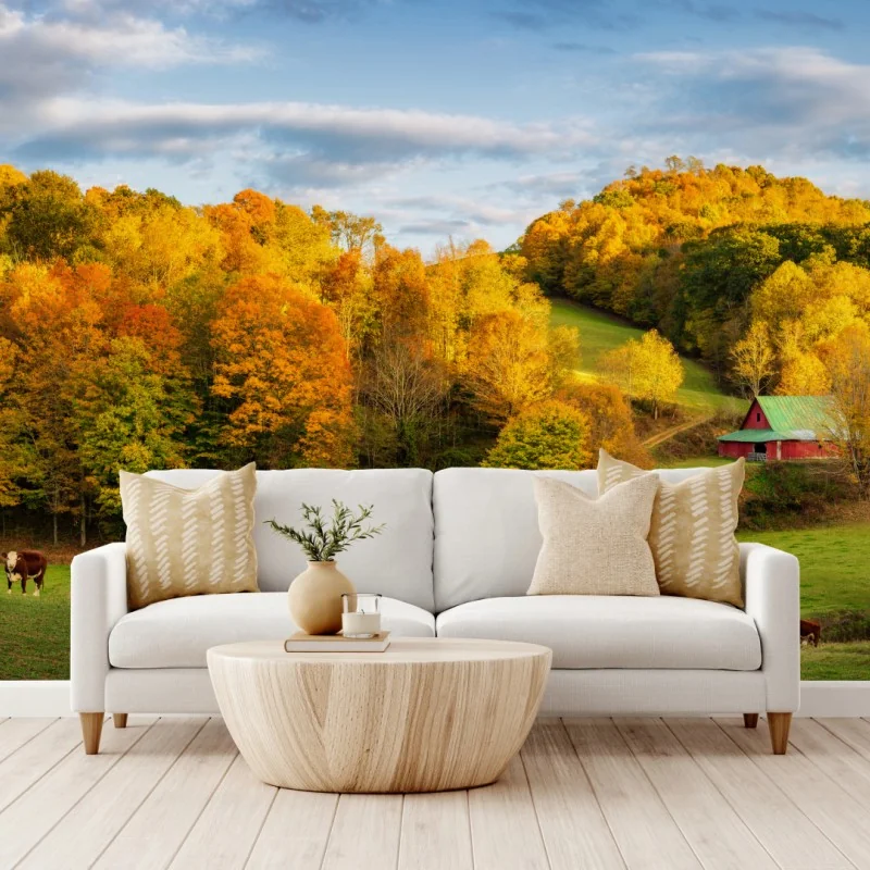 Fototapeta jesienny krajobraz wiejski z czerwoną stodołą – Wallissimo® Fototapeta jesienny krajobraz wiejski z czerwoną stodołą – Wallissimo®