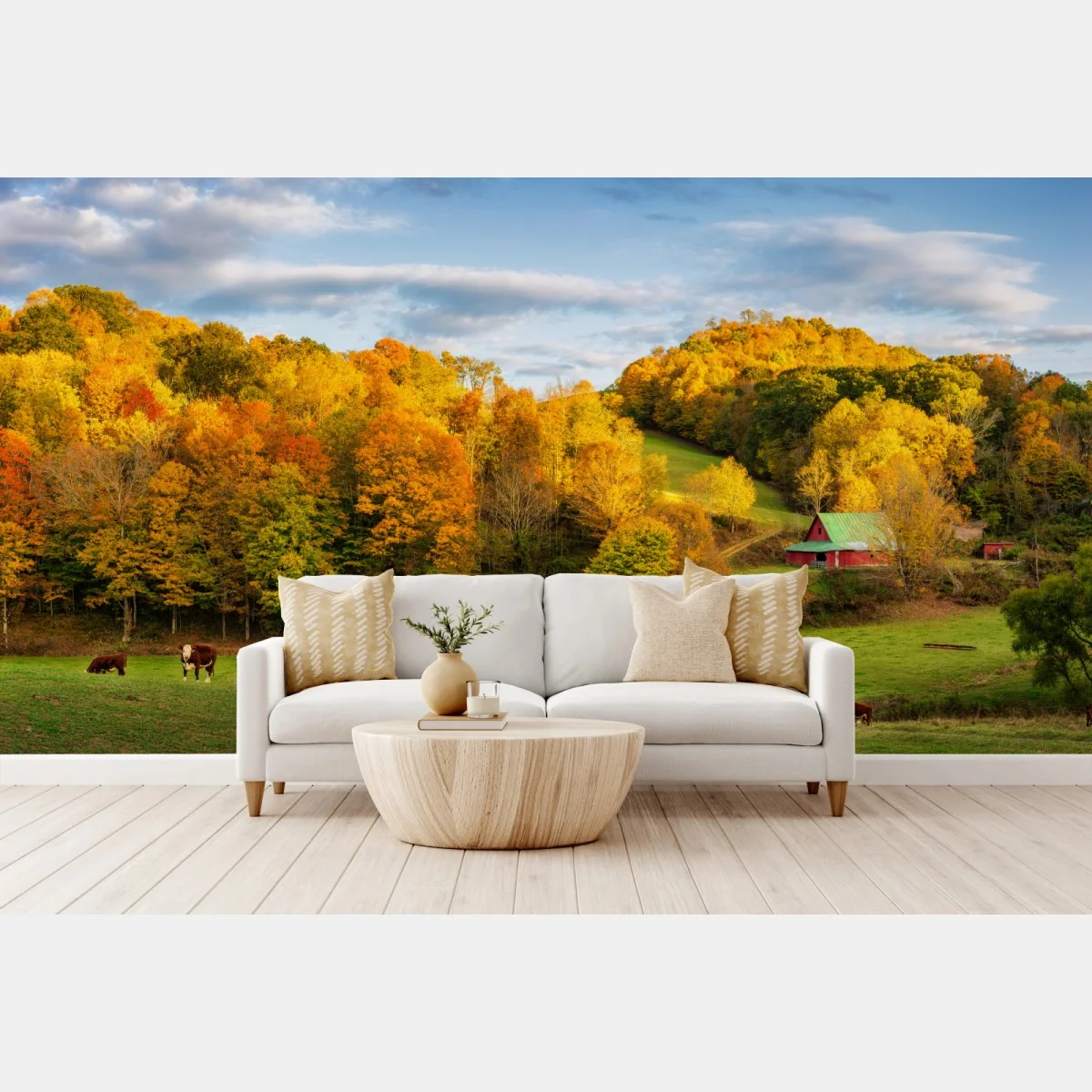 Fototapeta jesienny krajobraz wiejski z czerwoną stodołą – Wallissimo® Fototapeta jesienny krajobraz wiejski z czerwoną stodołą – Wallissimo®