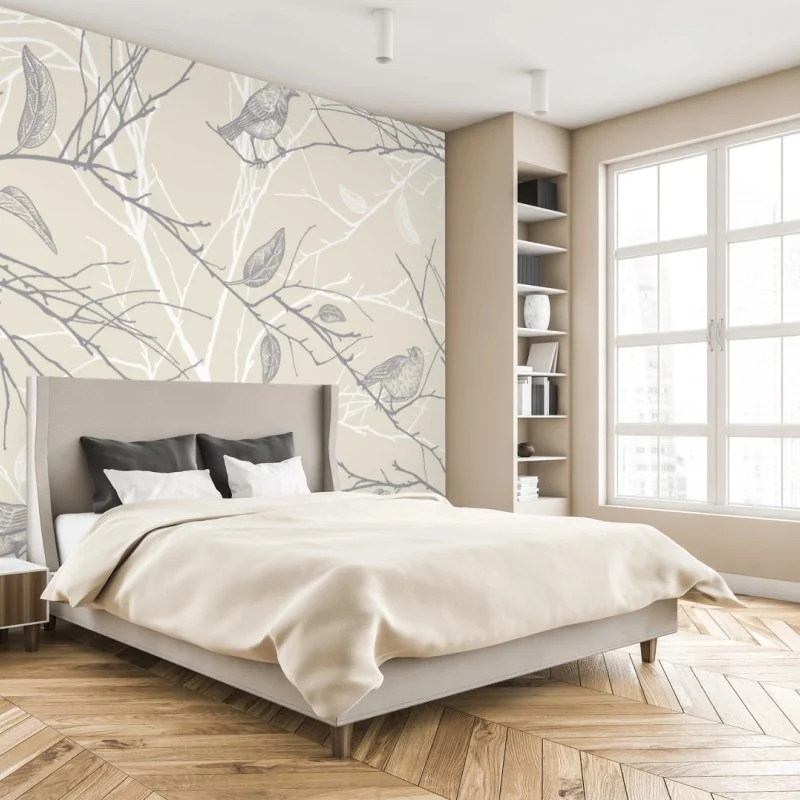 Fototapeta delikatny beżowy wzór z ptakami i gałęziami – Wallissimo® Fototapeta delikatny beżowy wzór z ptakami i gałęziami – Wallissimo®