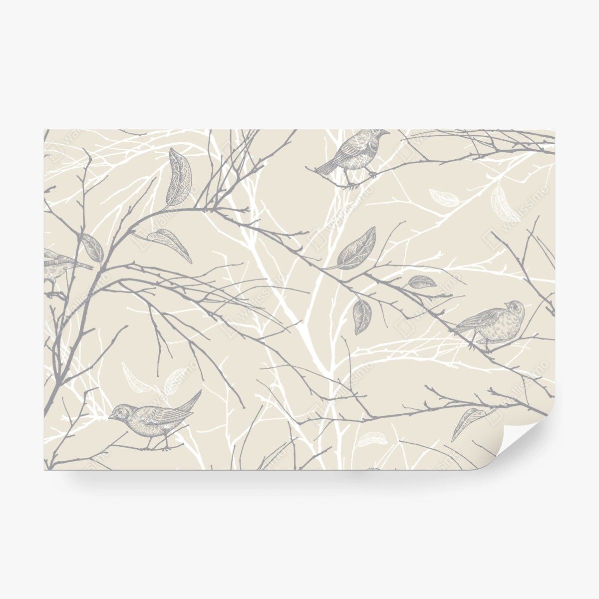 Fototapeta delikatny beżowy wzór z ptakami i gałęziami – Wallissimo® Fototapeta delikatny beżowy wzór z ptakami i gałęziami – Wallissimo®