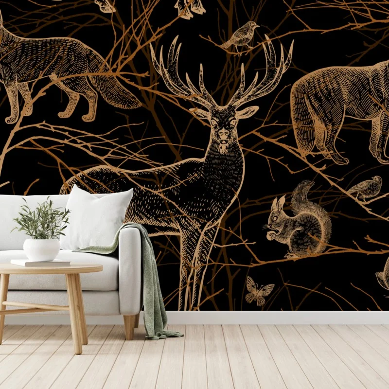Fototapeta złote zwierzęta leśne na czarnym tle – Wallissimo® Fototapeta złote zwierzęta leśne na czarnym tle – Wallissimo®
