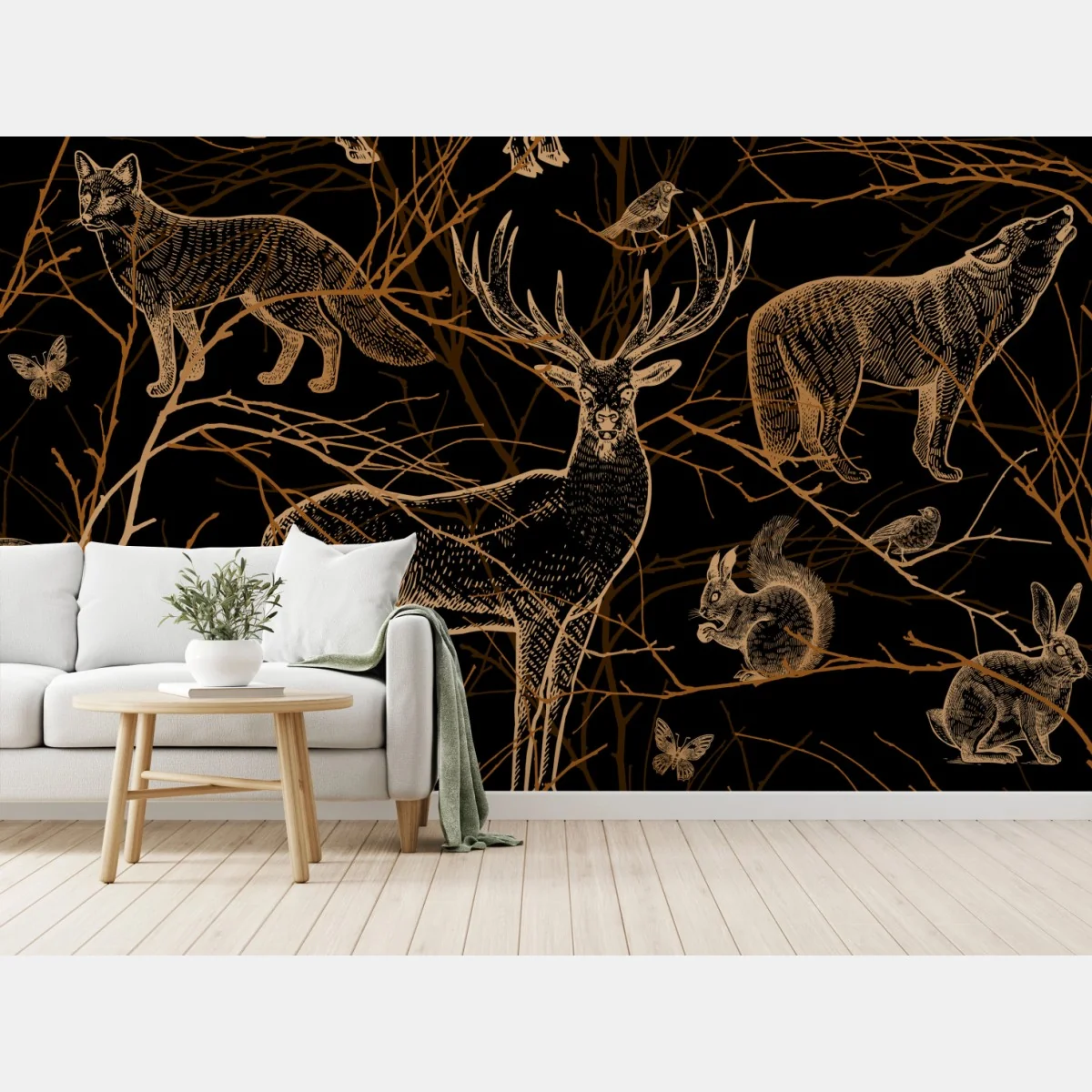 Fototapeta złote zwierzęta leśne na czarnym tle – Wallissimo® Fototapeta złote zwierzęta leśne na czarnym tle – Wallissimo®