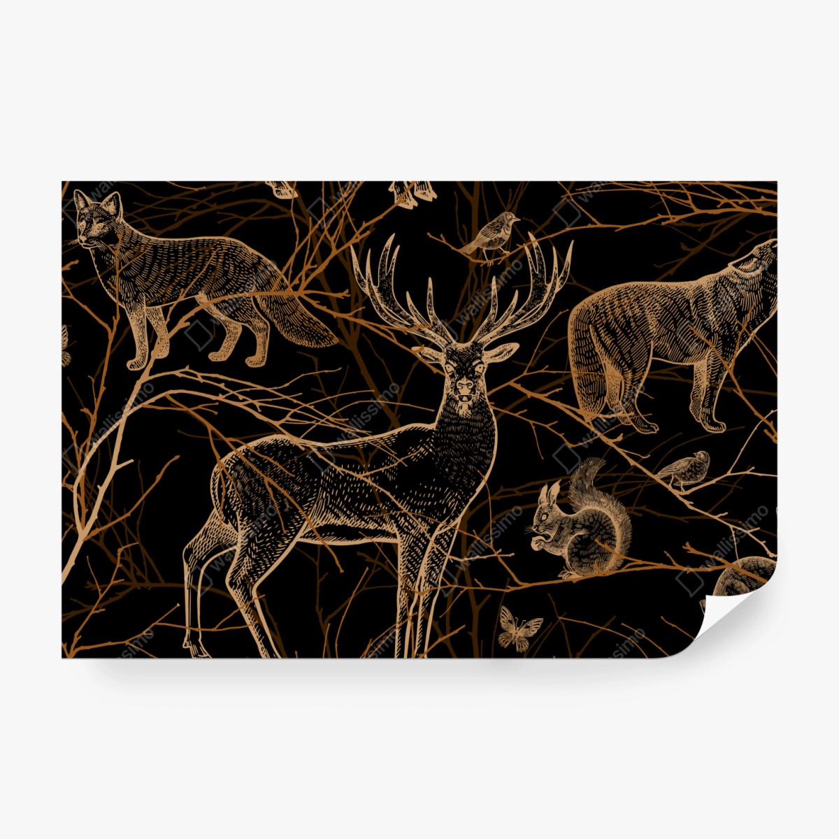 Fototapeta złote zwierzęta leśne na czarnym tle – Wallissimo® Fototapeta złote zwierzęta leśne na czarnym tle – Wallissimo®