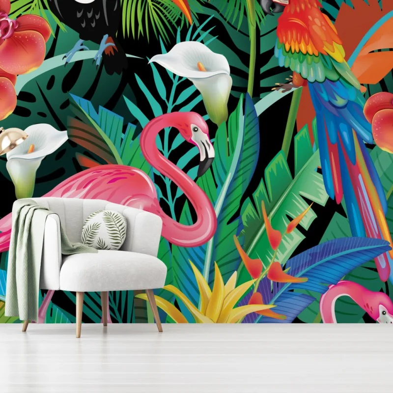 Fototapeta żywe tropikalne ptaki i kwiaty – Wallissimo® Fototapeta żywe tropikalne ptaki i kwiaty – Wallissimo®