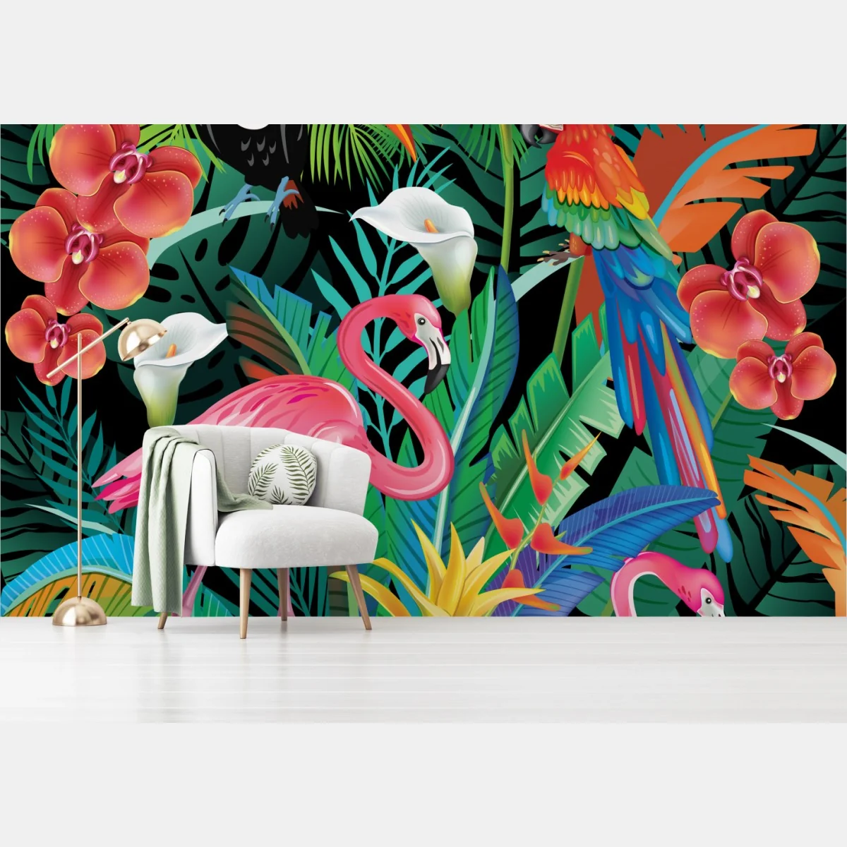 Fototapeta żywe tropikalne ptaki i kwiaty – Wallissimo® Fototapeta żywe tropikalne ptaki i kwiaty – Wallissimo®