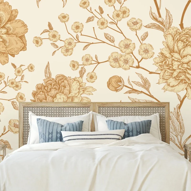 Fototapeta vintage beżowy wzór kwiatowy z peoniami – Wallissimo® Fototapeta vintage beżowy wzór kwiatowy z peoniami – Wallissimo®