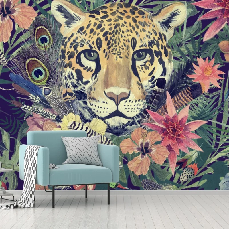 Fototapeta vintage akwarelowy lampart w tropikalnych liściach – Wallissimo® Fototapeta vintage akwarelowy lampart w tropikalnych liściach – Wallissimo®