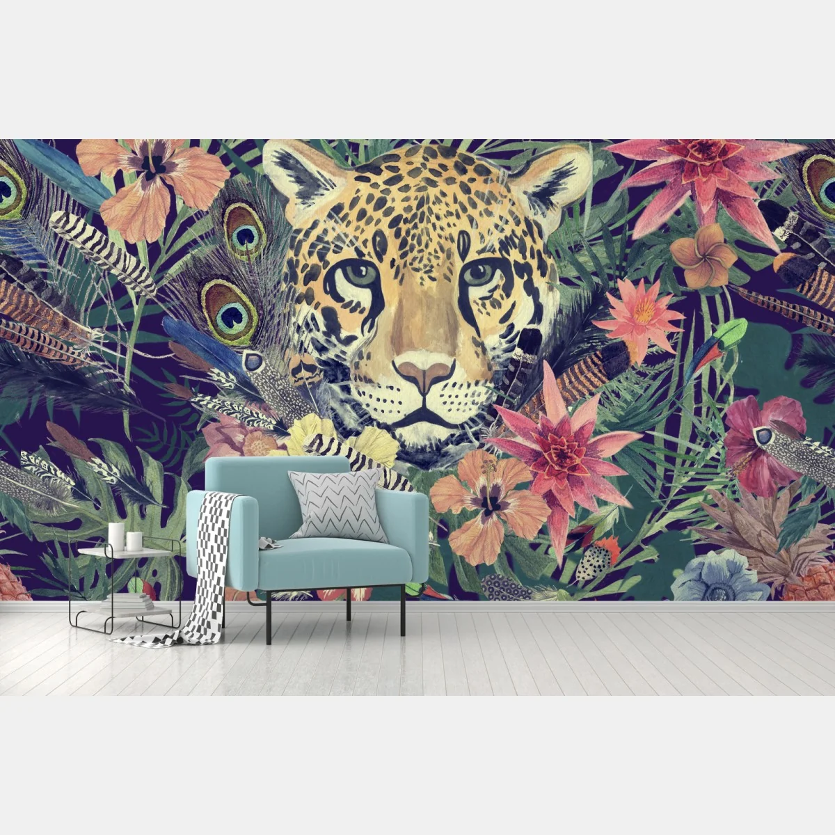 Fototapeta vintage akwarelowy lampart w tropikalnych liściach – Wallissimo® Fototapeta vintage akwarelowy lampart w tropikalnych liściach – Wallissimo®