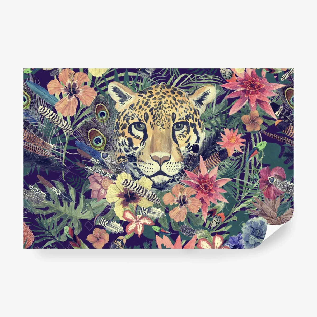 Fototapeta vintage akwarelowy lampart w tropikalnych liściach – Wallissimo® Fototapeta vintage akwarelowy lampart w tropikalnych liściach – Wallissimo®