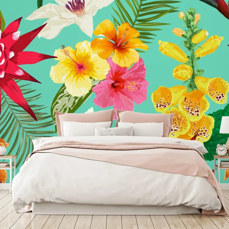 Fototapeta tropikalne kwiaty na turkusowym tle – Wallissimo® Fototapeta tropikalne kwiaty na turkusowym tle – Wallissimo®
