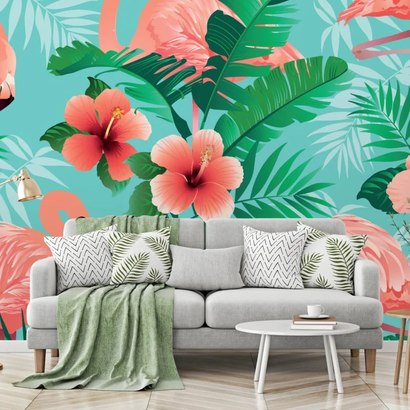 Fototapeta tropikalna oaza z flamingami – Wallissimo® Fototapeta tropikalna oaza z flamingami – Wallissimo®