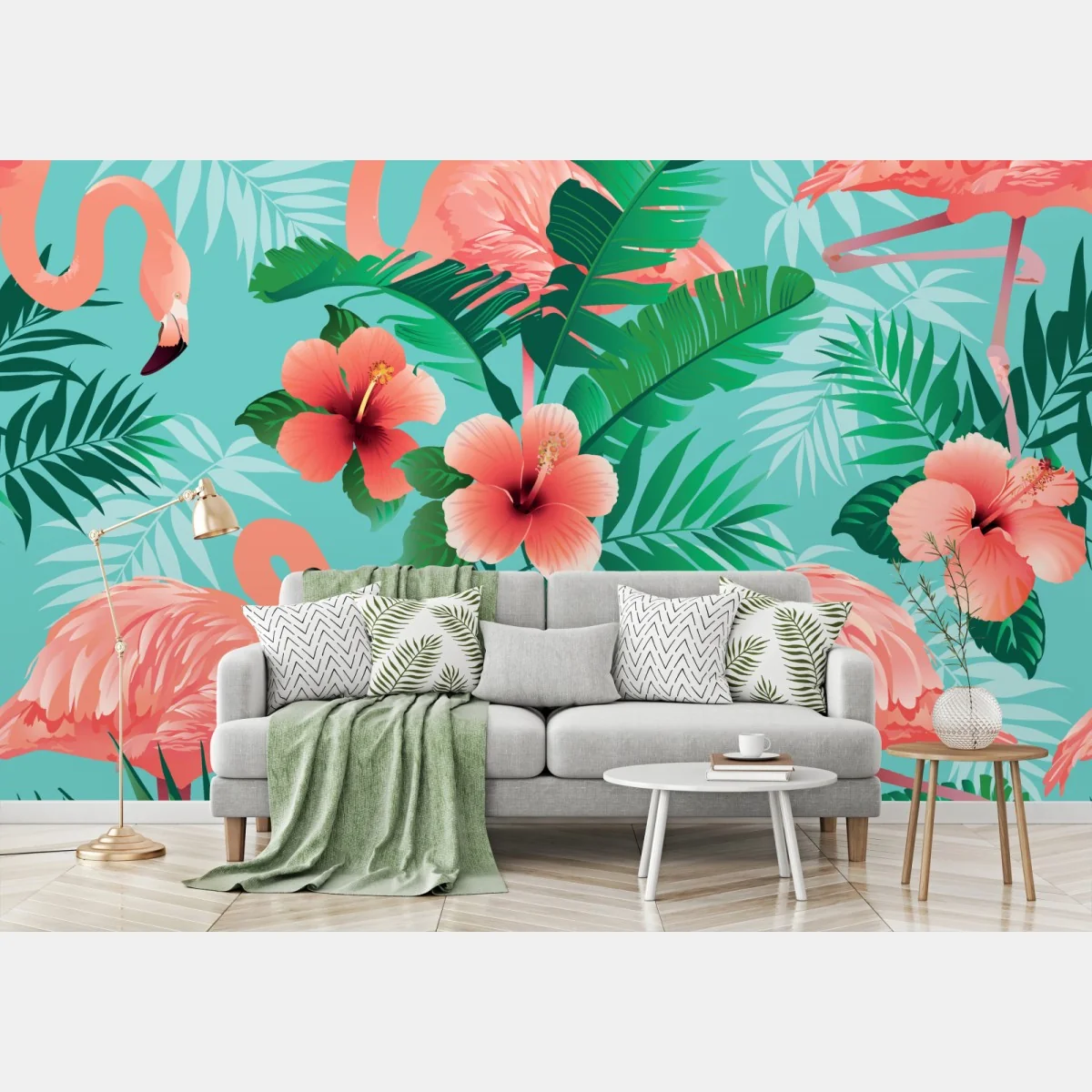 Fototapeta tropikalna oaza z flamingami – Wallissimo® Fototapeta tropikalna oaza z flamingami – Wallissimo®