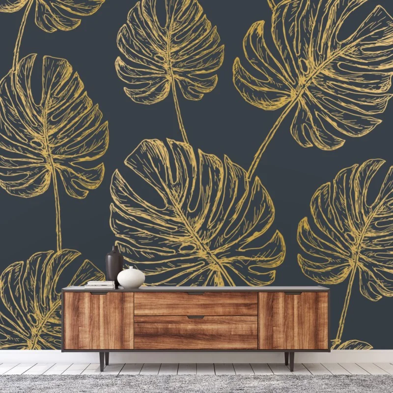 Fototapeta złote liście monstery na ciemnym tle – Wallissimo® Fototapeta złote liście monstery na ciemnym tle – Wallissimo®