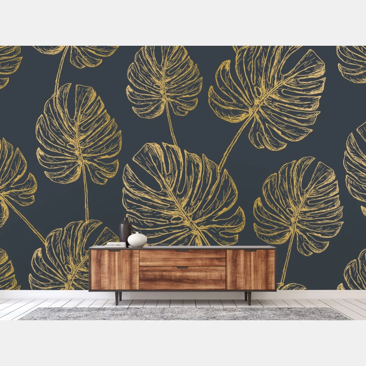 Fototapeta złote liście monstery na ciemnym tle – Wallissimo® Fototapeta złote liście monstery na ciemnym tle – Wallissimo®